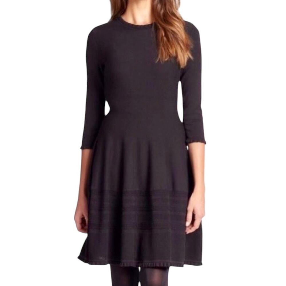Kate Spade Black Knit Pointelle Drop Waist Ruffled Fit and Flare Dress